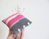 Selma, neon pink & charcoal gray pincushion, hand crochet in retro modern stripes - MADE TO ORDER, by Emma Lamb