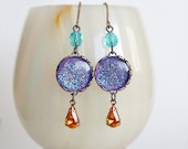 Lilac Glitter Earrings Vintage Glass Cabochons Rhinestones Nail Polish Jewelry Purple Amber