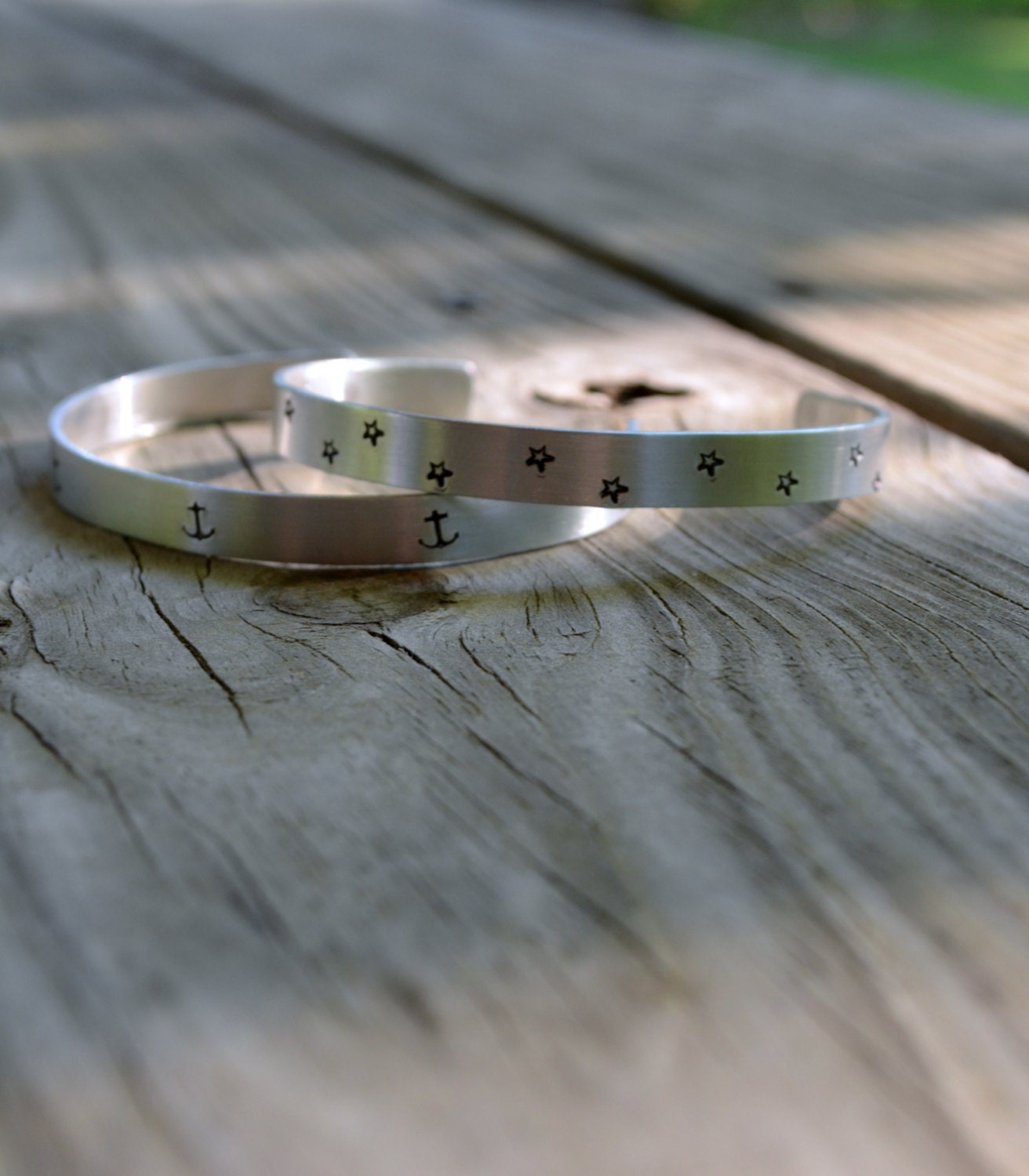 Cuff Bracelet - You Choose The Pattern - Stars - Anchor - Nautical - Adjustable - Silver - Metal Stamping - Aluminum