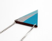 Wooden geometric triangle necklace - water blue, silver, turquoise - minimalist, modern jewelry - color blocking