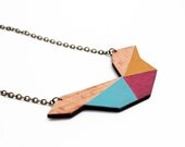 Geometric polygon wooden necklace - mustard, water blue, purple, natural wood - minimalist, modern jewelry - color blocking