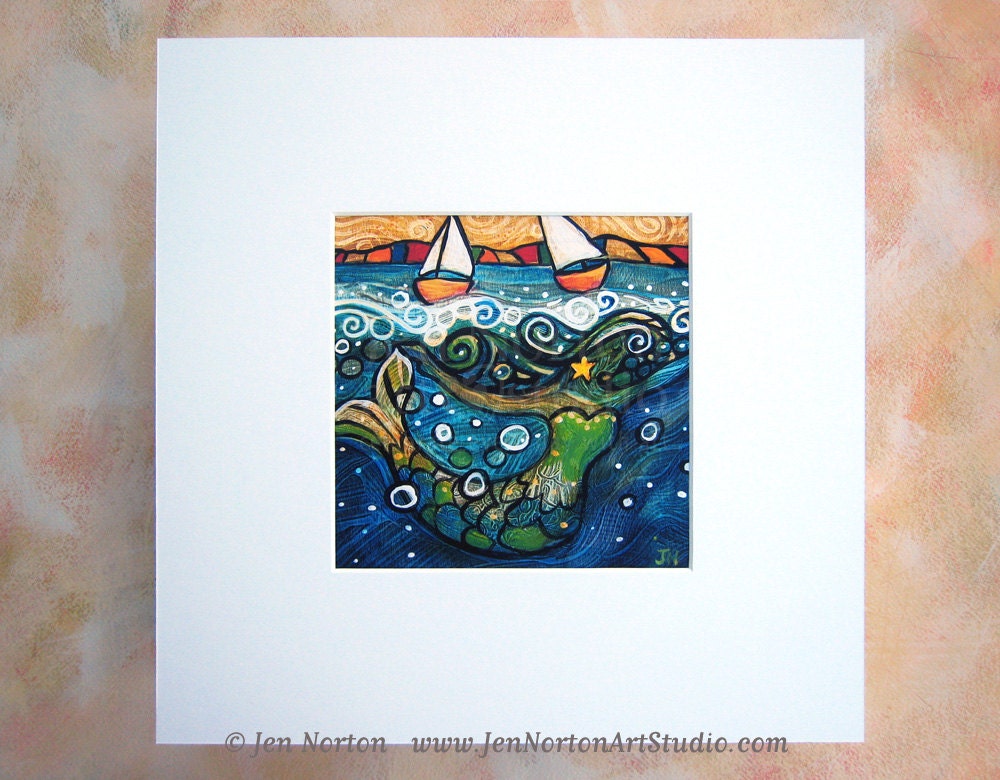 Mermaid Matted Art Print, 12 x 12" square matting