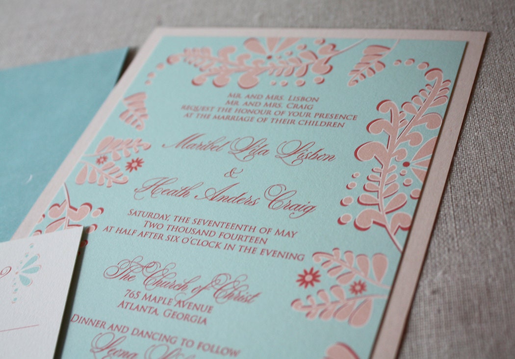 Folk Art Wedding Invitation Suite, 50 sets, the Maribel, printed on recycled materials