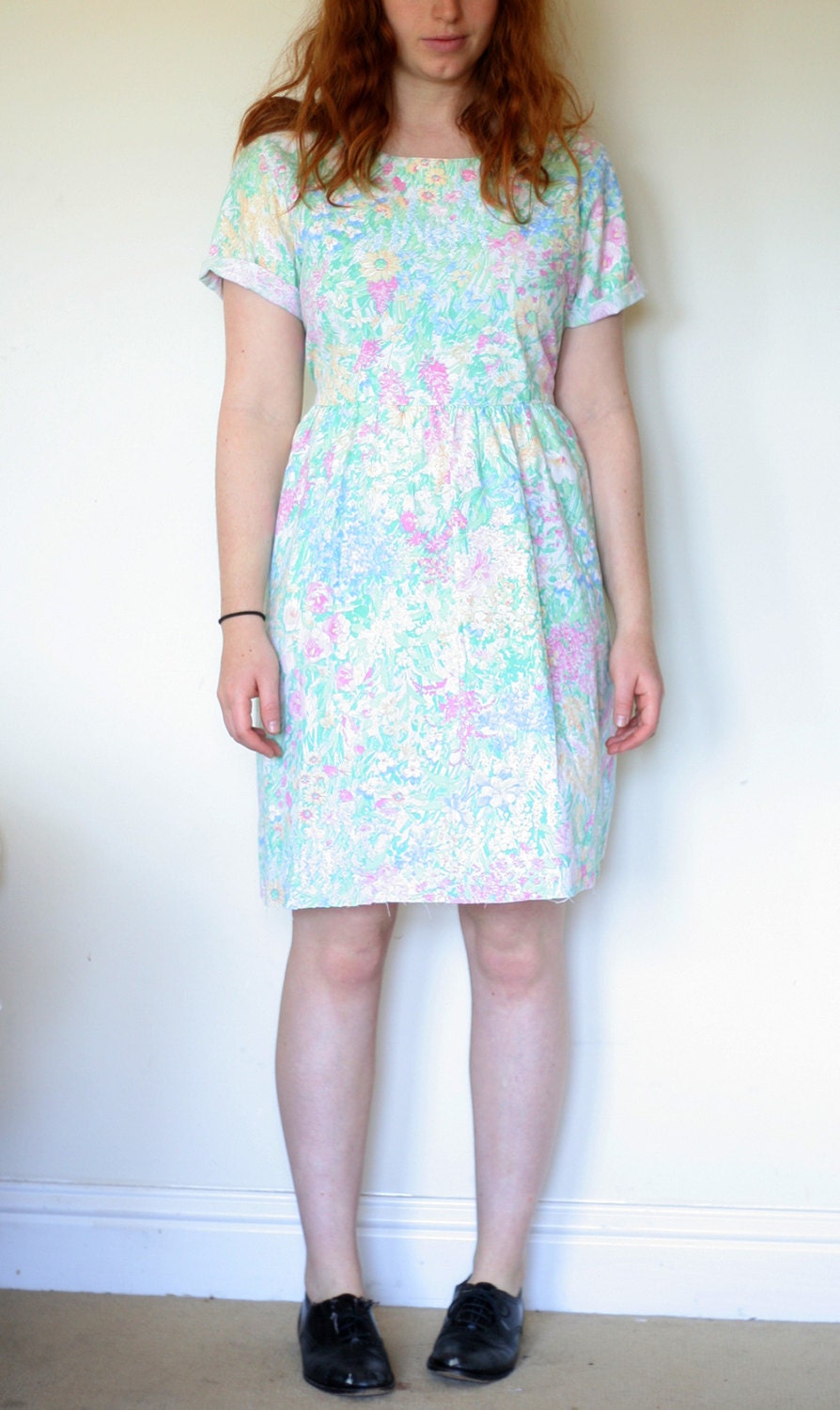 Mint Green Floral Print Tea Dress Mini Vintage Large Summer Sun