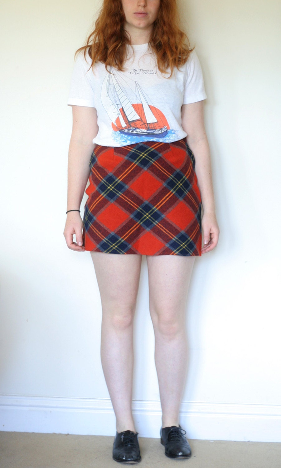 Orange Tartan Plaid Wool Preppy Mini Skirt Medium 80s Clueless School Girl