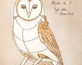 Clockwork Bird - Barn Owl - steampunk Illustration 5x7 Print