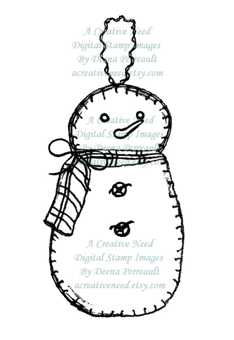 INSTANT Download Digital Stamp Image Vintage style Hand STITCHED SNOWMAN Ornament