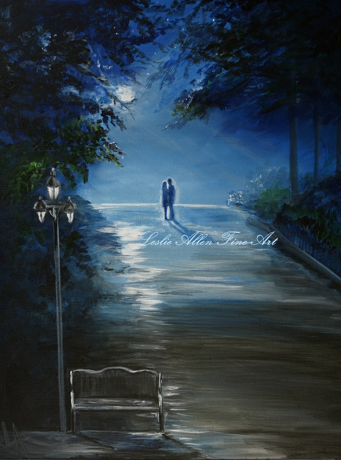 Couple Original Acrylic Painting COUPLE LOVE Hugging Romantic Loving True Love Moonlight "The Loving Moonlight" Leslie Allen Fine Art