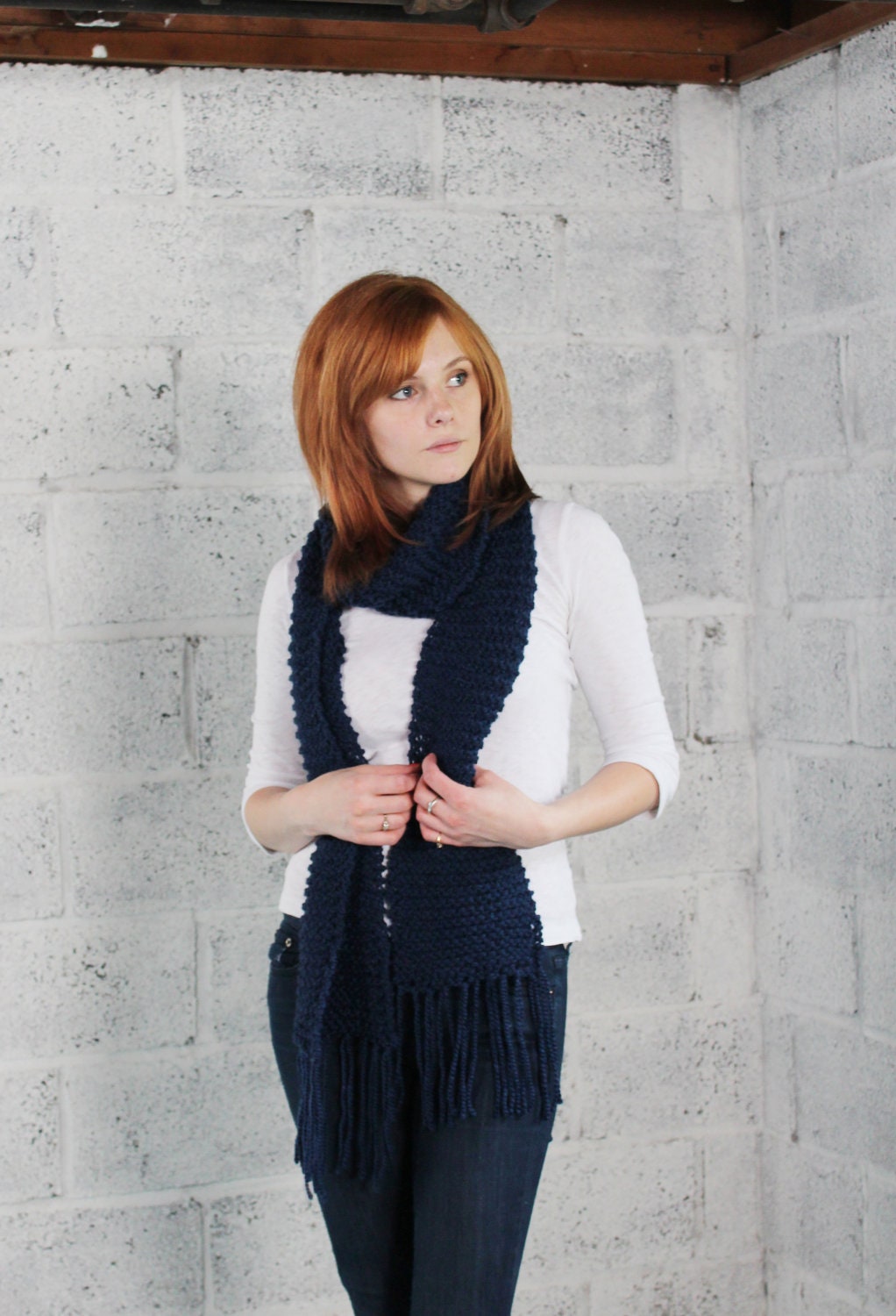 Sale - Unisex Wool Fringed Scarf in Navy - Ready to Ship