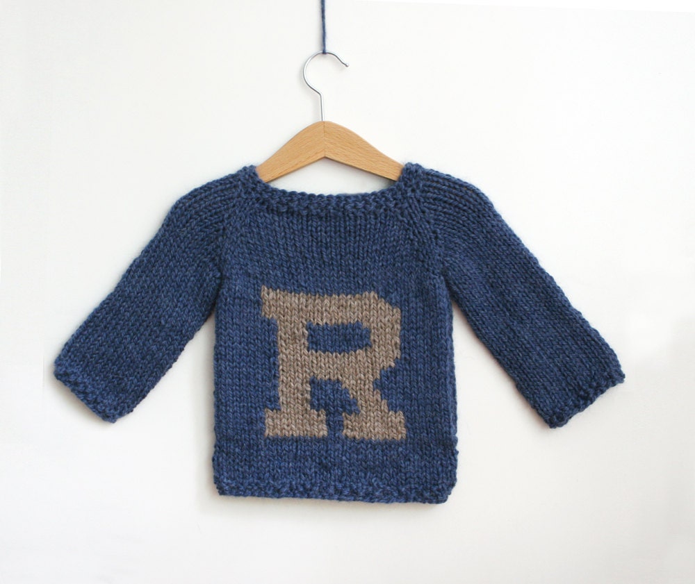 Hand Knit, Custom, Personalized Baby Sweater with Initial. Soft Alpaca, in Indigo and Flax.