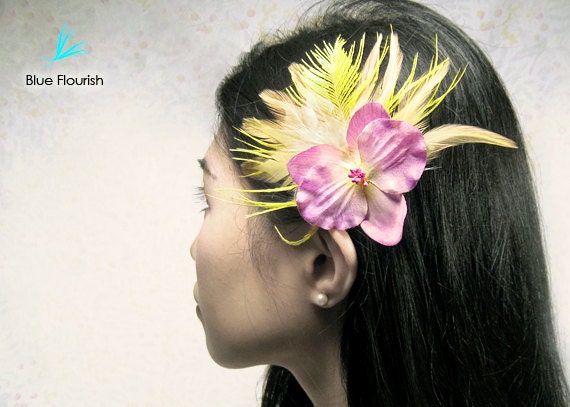 Tropical hair clip yellow feathers tropical wedding purple flower luau wedding hair clip prom Hawaiian wedding party flowers tropical themed