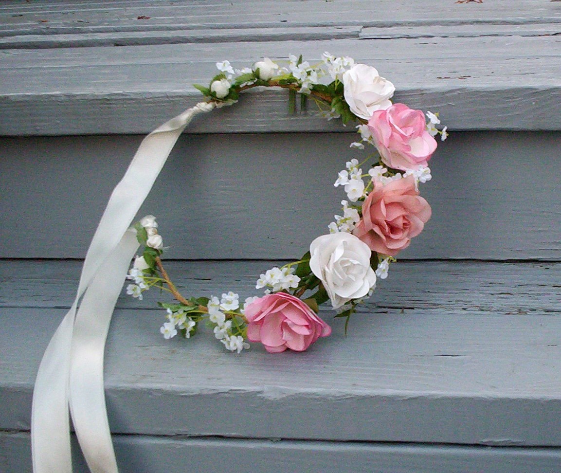 Shabby Chic bridal headpiece, silk pink peach rose flower crown -Kate- Rustic woodland vintage inspired Wedding hair accessories coachella