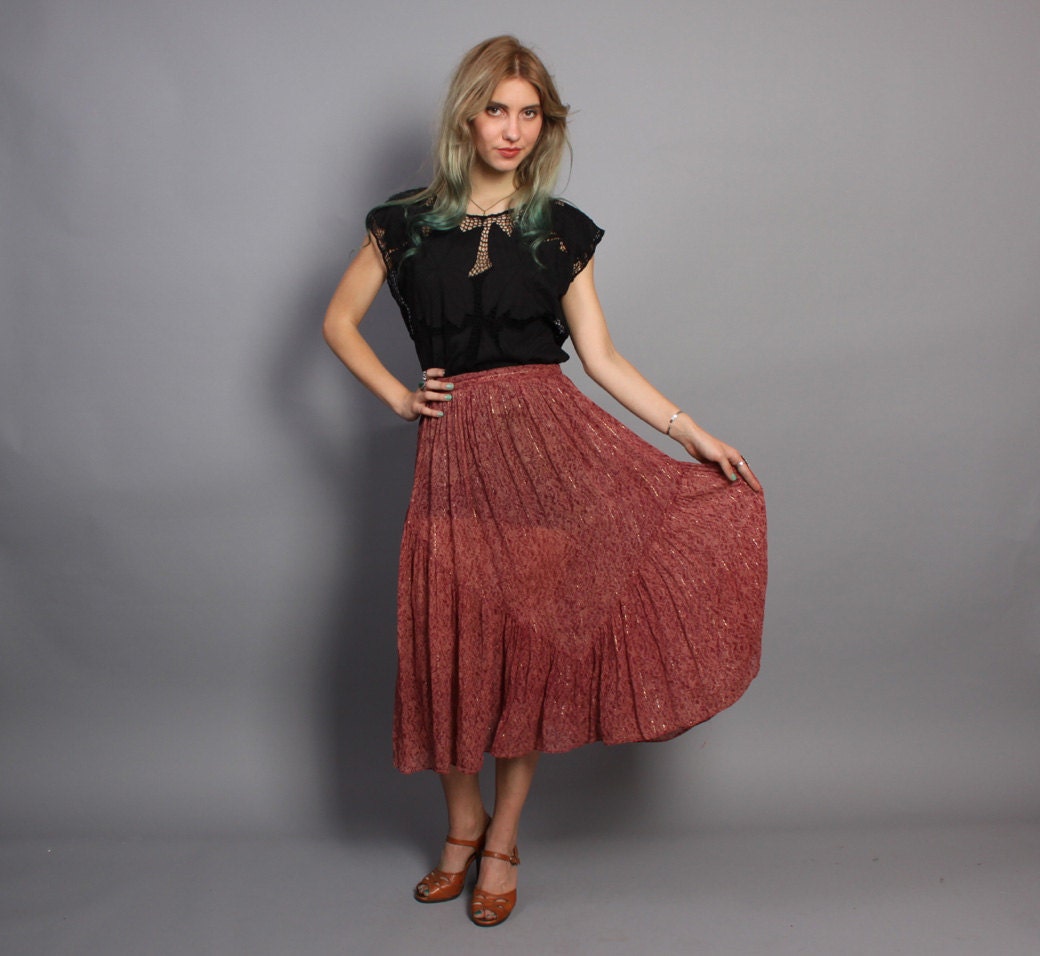 70s INDIAN Gauze SKIRT / Mauve & Metallic Gold Lace Print Midi, xs