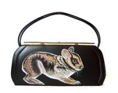 Sale - Sumatran Striped Rabbit purse - one of a kind, handpainted by NYhop - vintage black vinyl 1950's painted handbag - vegan