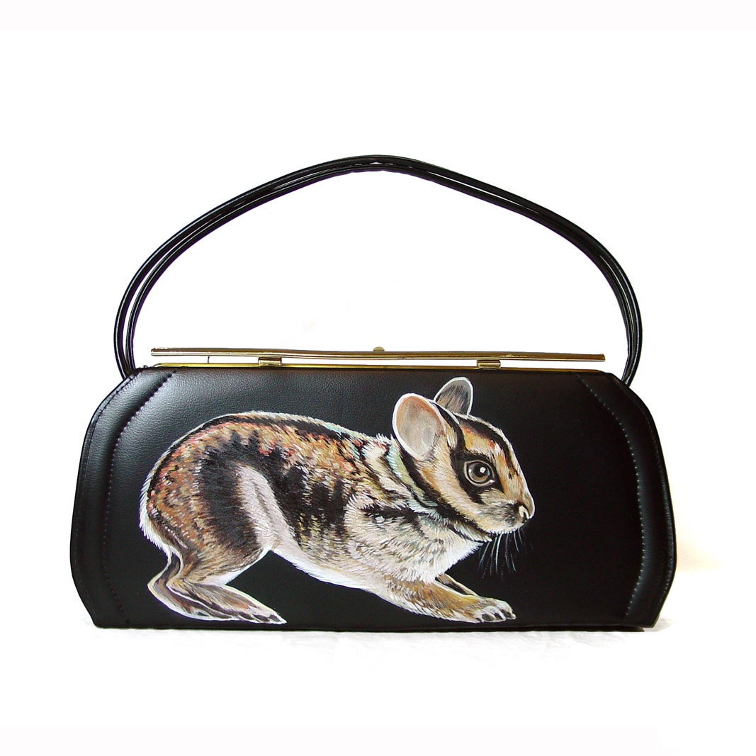 Sale - Sumatran Striped Rabbit purse - one of a kind, handpainted by NYhop - vintage black vinyl 1950's painted handbag - vegan