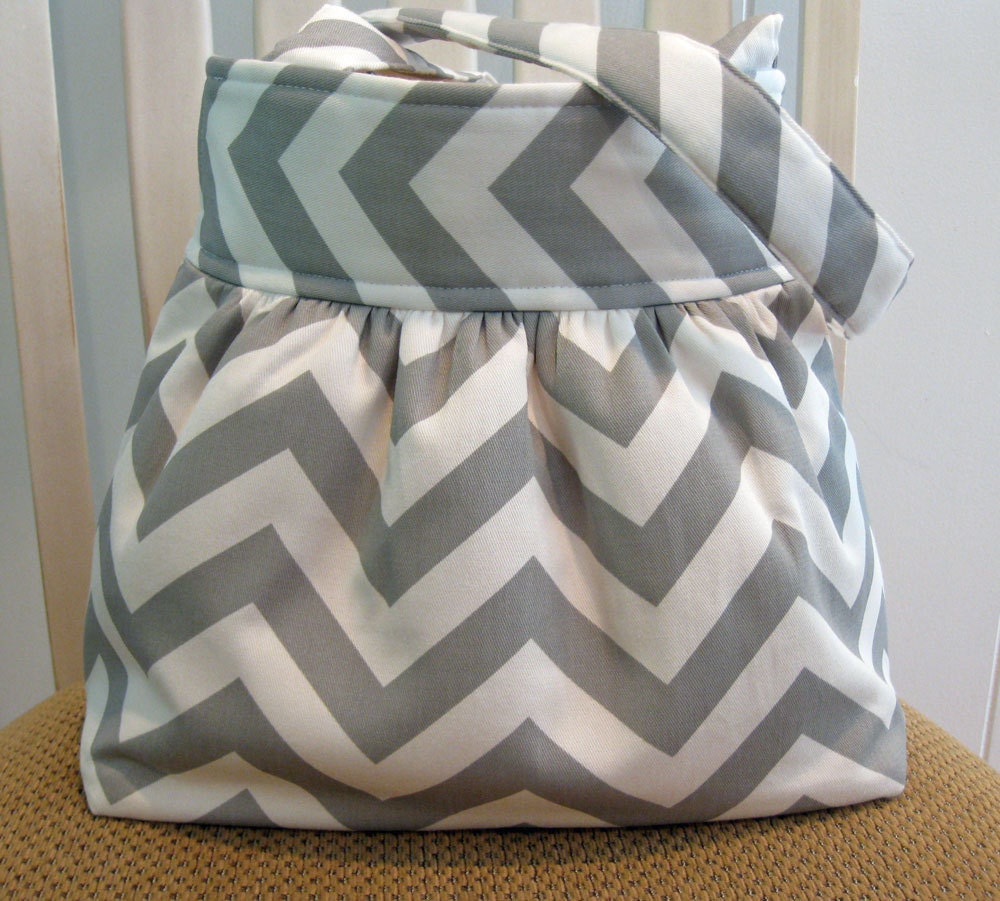 Gray and White Chevron Stripe  ( Zigzag )  Handcrafted Gathered Fabric Bag in Gray and White