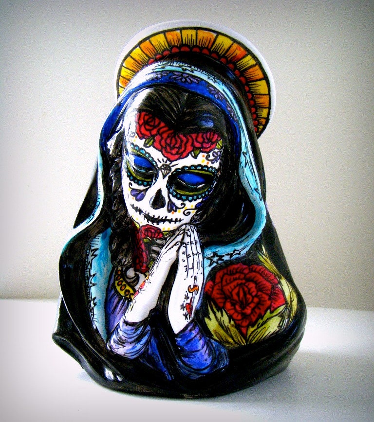 Ceramic Planter Tattoos Day of the Dead Sugar Skull Mary Vase Painted Sacred Heart Mexican Folk Art Dia De Los Muertos