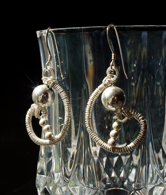 Sterling Silver Wire Wrapped Earrings with Mirror Polished Silver Globes