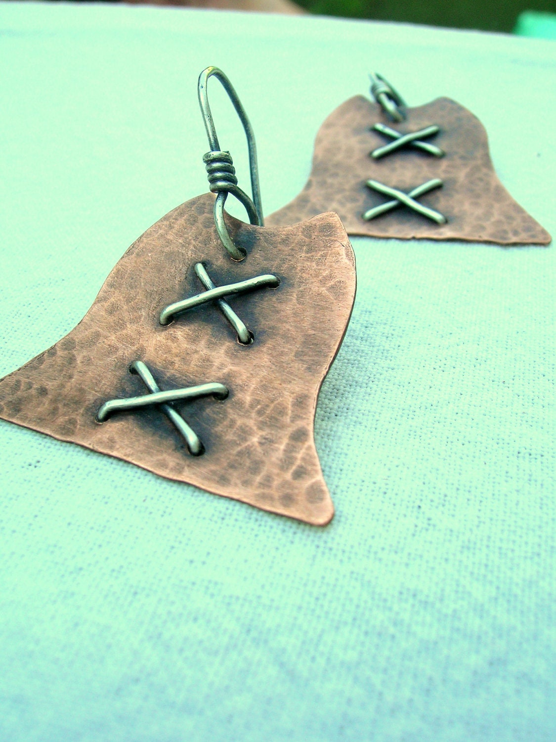 Textured Copper & Silver wire Earrings - Mixed Metals Jewelry