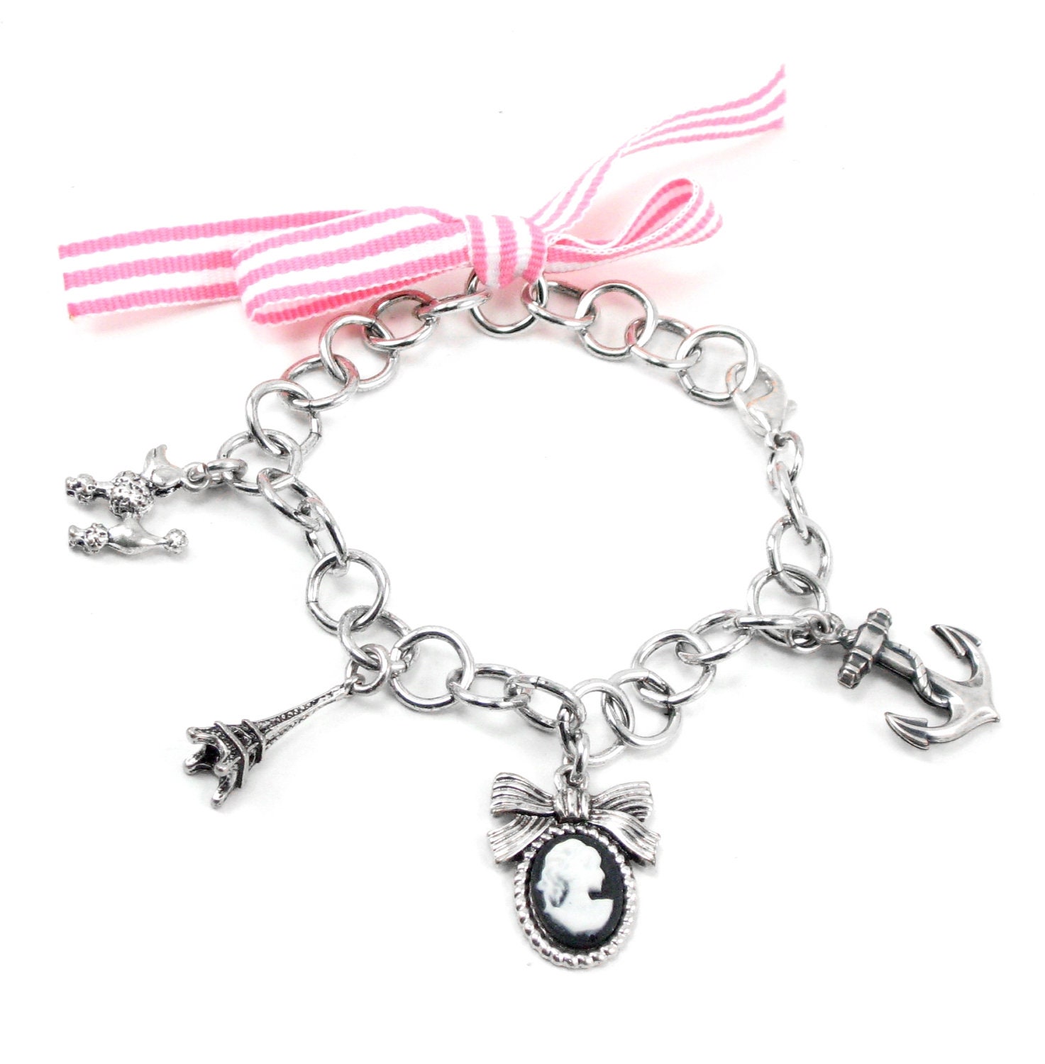 Nautical Parisian Charm Bracelet with Anchor, Bow Cameo, Eiffel Tower, Poodle with Chunky Antiqued Sterling Silver Plated Chain by Ghostlove