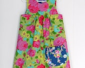 TWO-SIDED Bright n Fresh Jumper / Green & Blue Vintage Inspired Flowers / Pocket /  6 months, 12 months, 2t, 3t, 4t, 5t, 6y by PerryFinalia