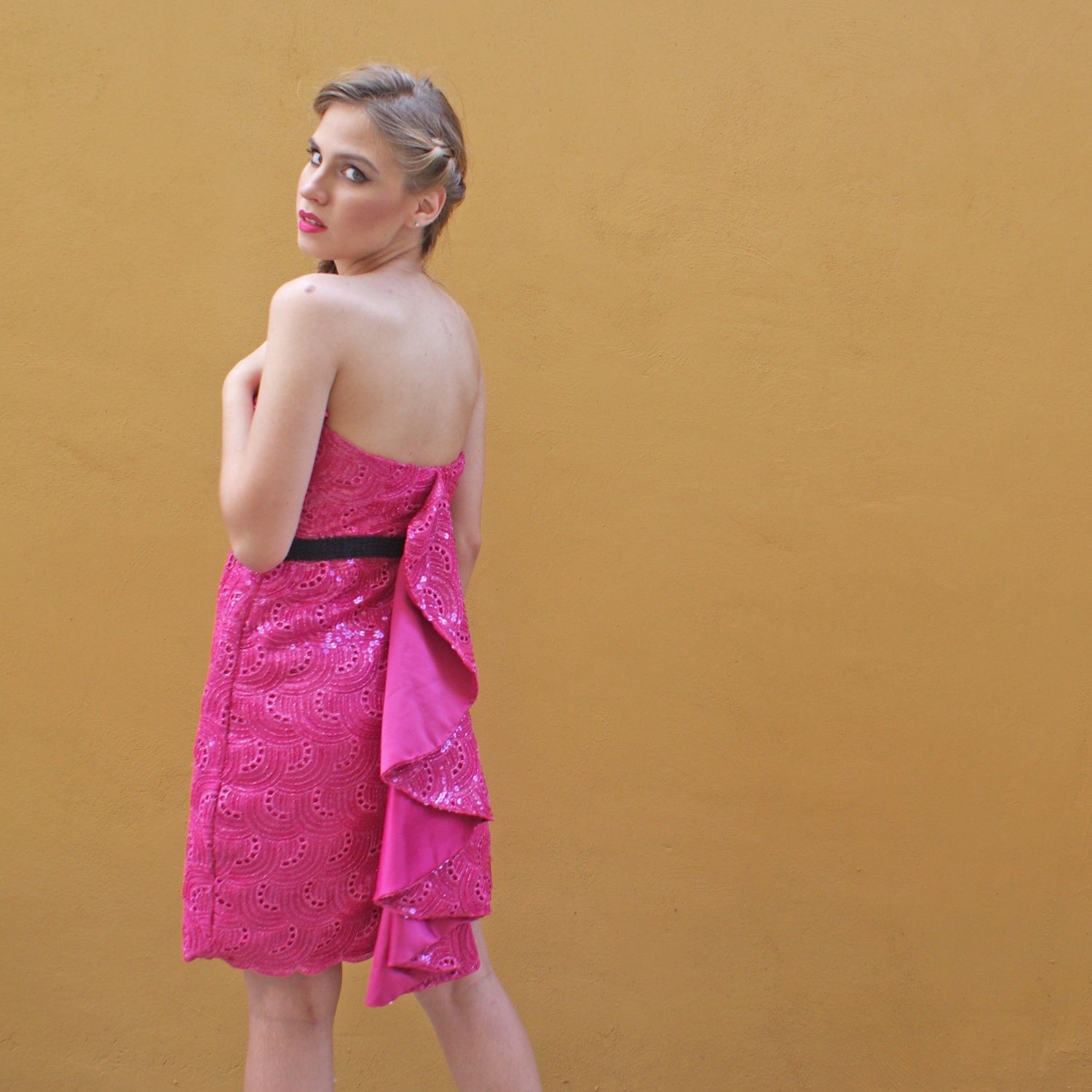 Hot Pink Sequined Prom Dress with Fishtail Back FINAL SALE