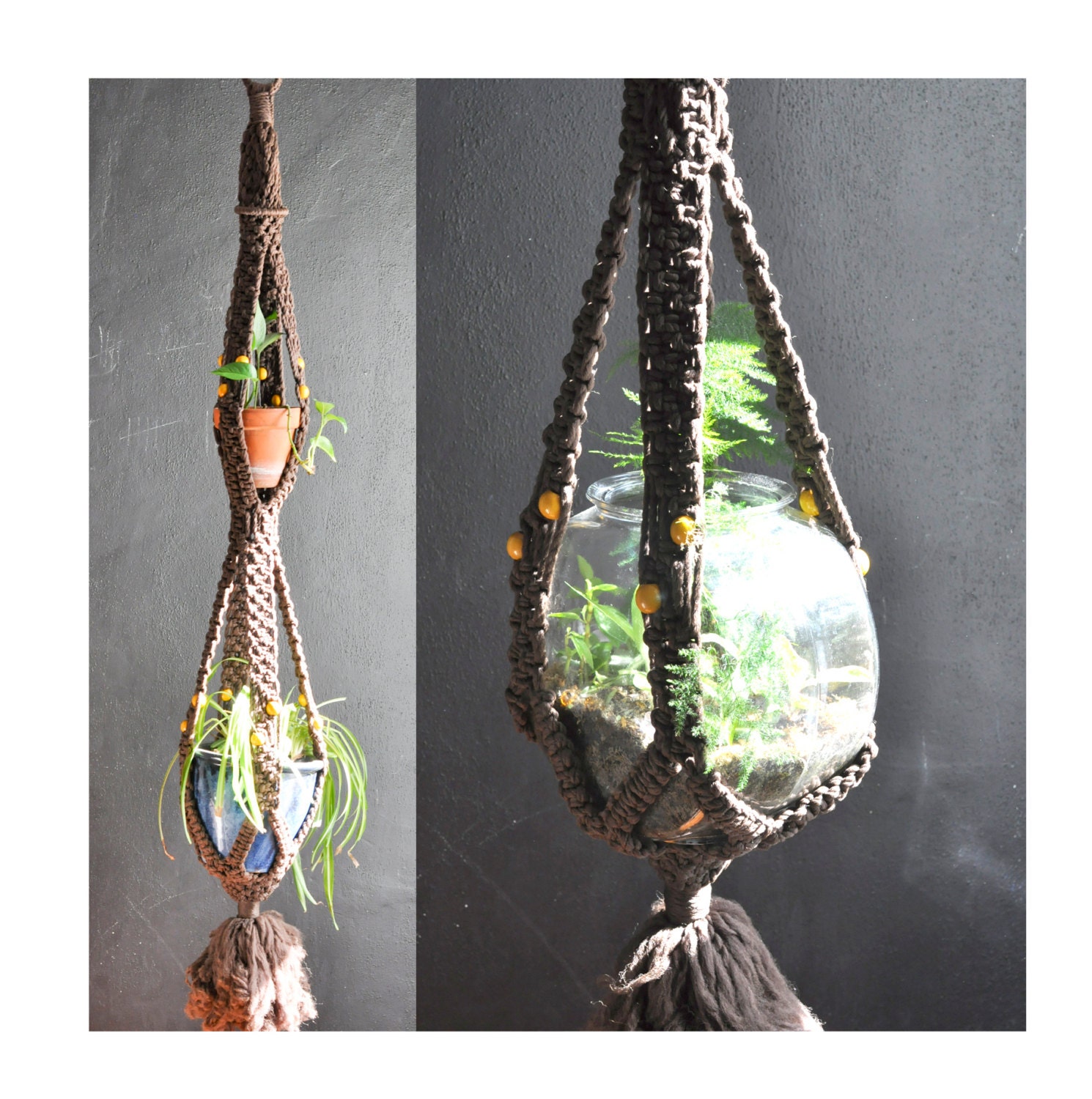 Vintage Macrame Fiber Art Rope Large Hanging Planter with Yellow Beads