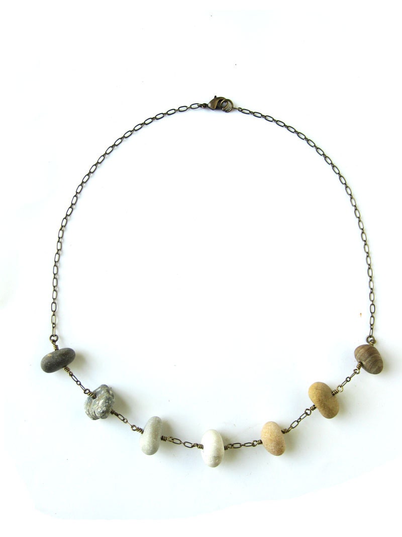 Natural Stone Jewelry - Beach stone necklace handmade from natural Wisconsin rocks. "Stone Bead Ombre Necklace" 1236