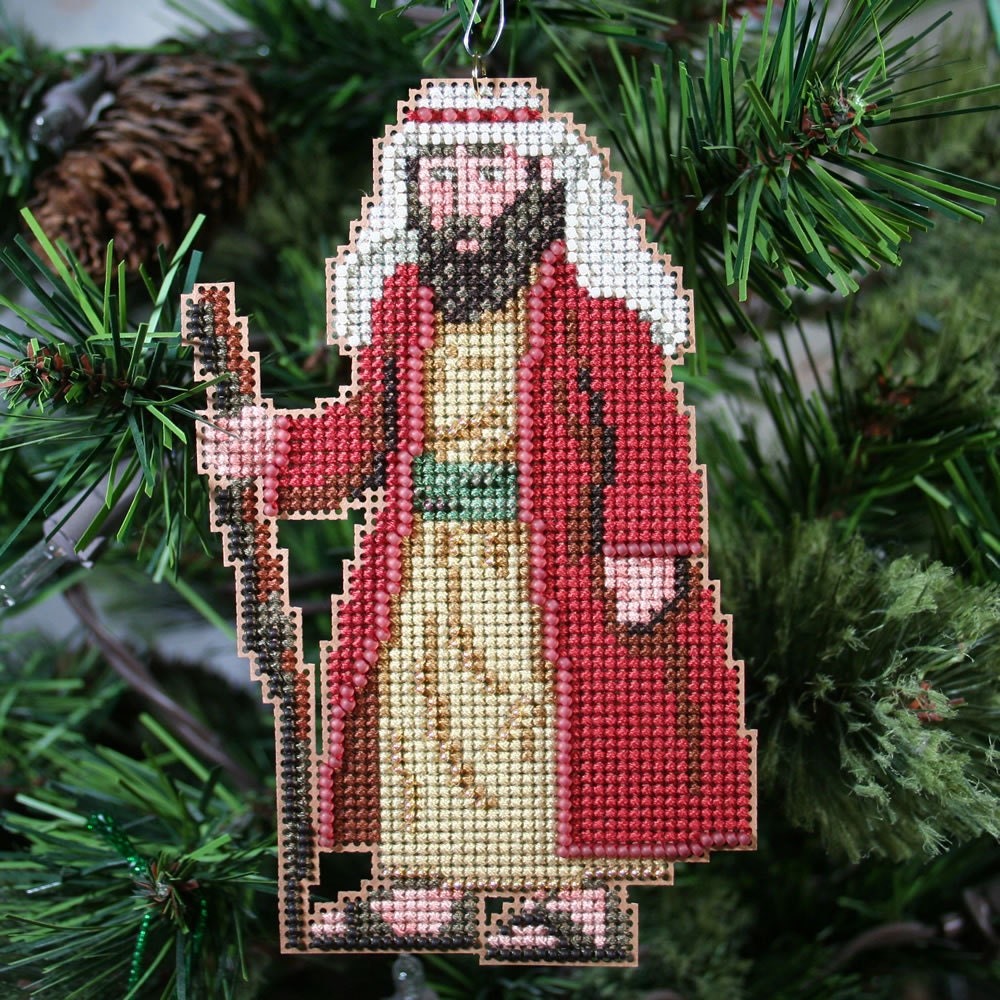 Joseph Cross Stitched and Beaded Holiday Christmas Tree Ornament - Free Shipping - SantasStitchery