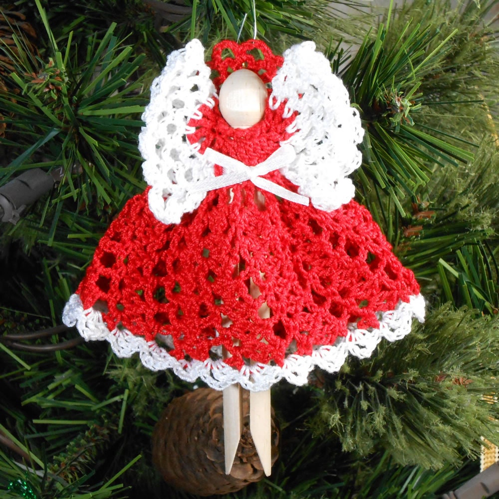 Crocheted Clothespin Angel Holiday Christmas Tree Ornament - Ruth in Christmas Red- Free Shipping