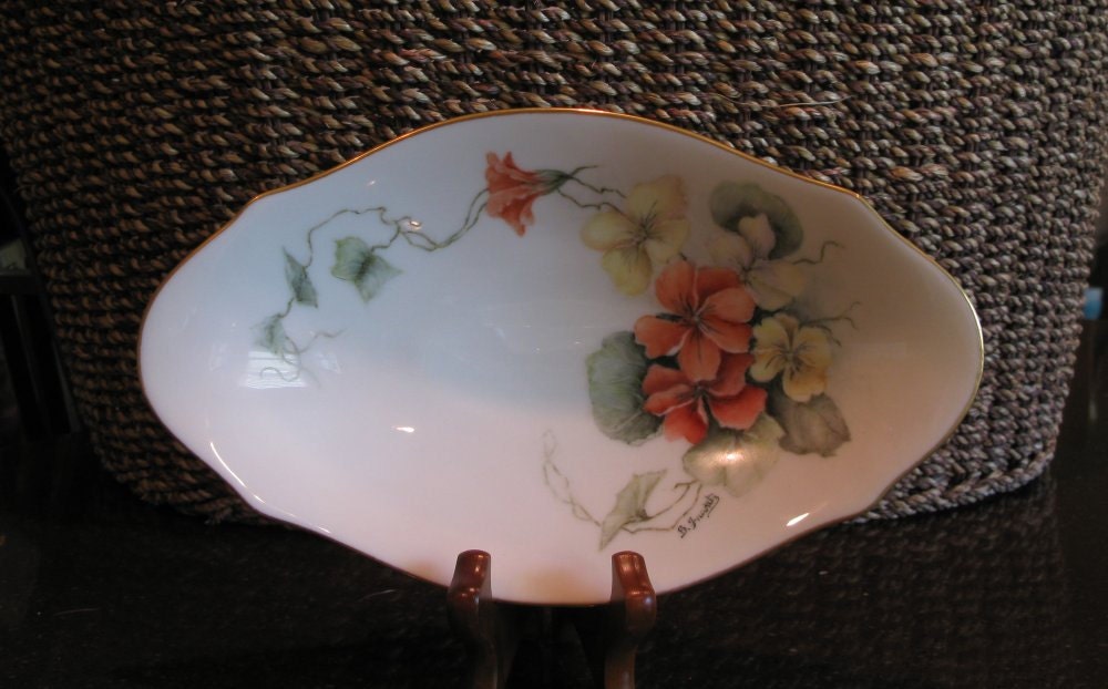 Vintage Lenox China Candy Dish, hand-painted after market, pansies