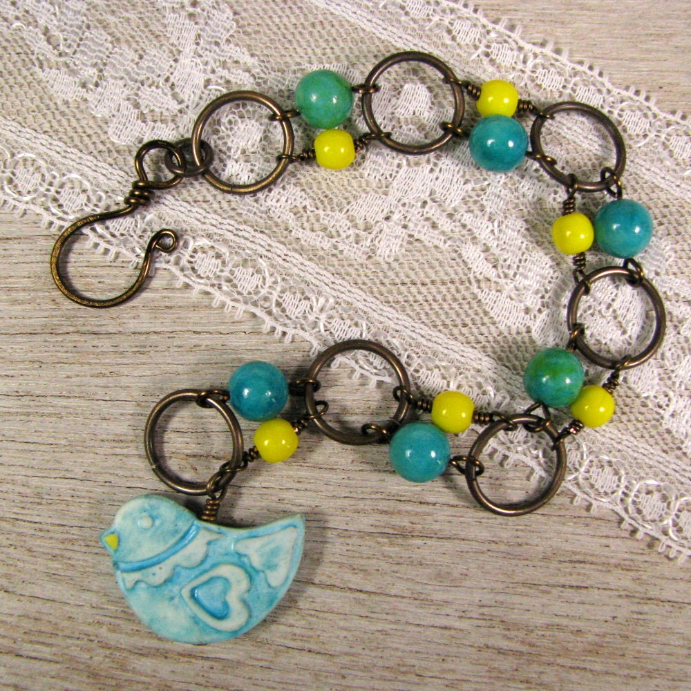 Bye Bye Birdie, Green and Yellow Artisan Bracelet with Art Bead