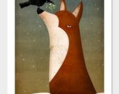 Fox, Crow and Mistletoe winter GRAPHIC ART giclee print  7x9 inches SIGNED by Ryan Fowler