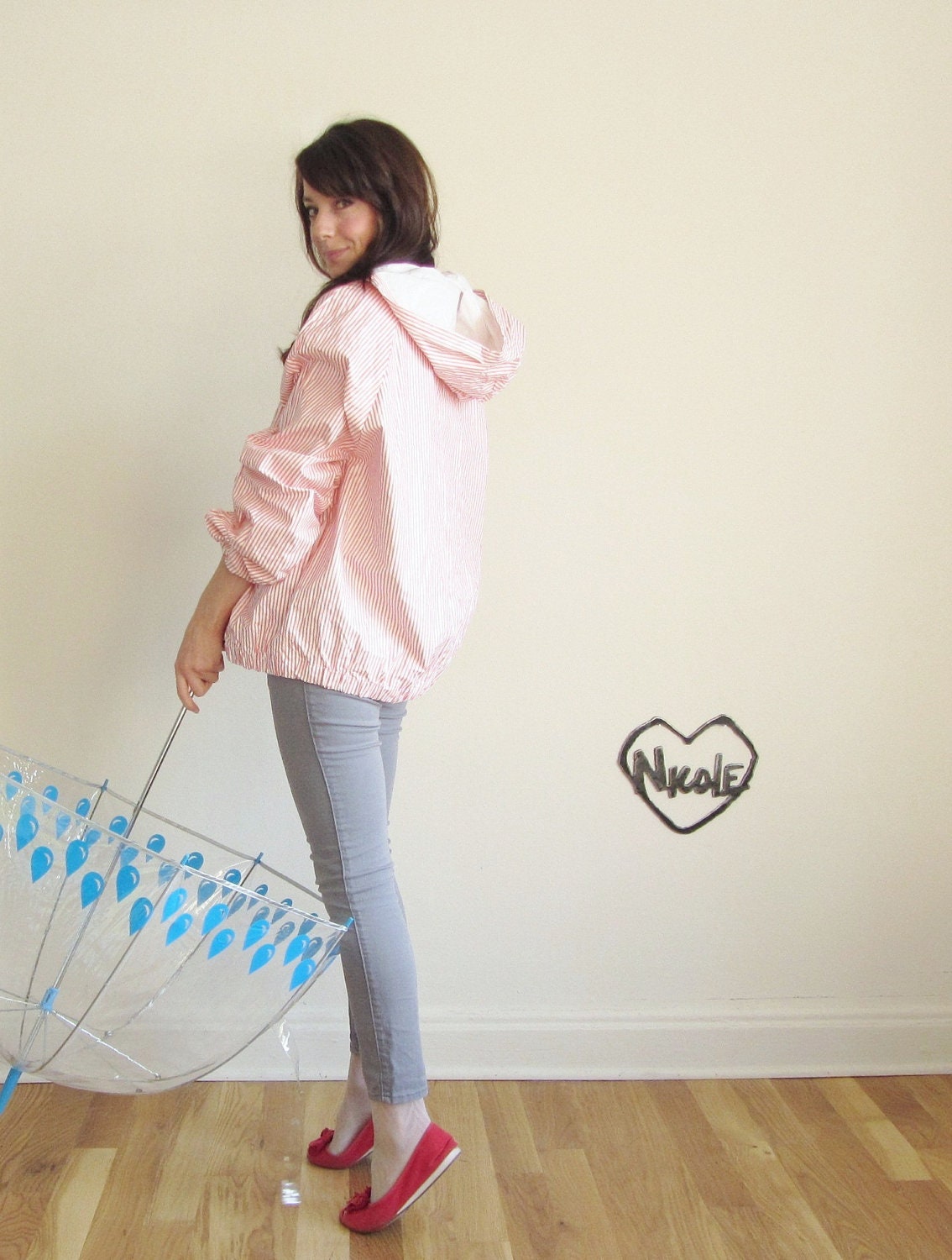 pink white striped raincoat . candy striper jacket .medium.large.extra large.xl .sale
