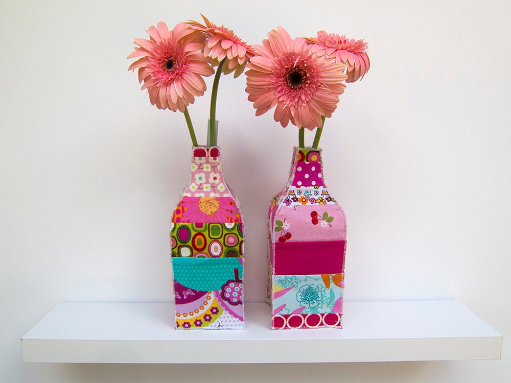Patchwork Fabric Bud Vases Set of Two Mason Jar Covers Pink Green Orange Nursery Decor Ready to Ship