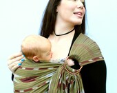 Baby Carrier Ring Sling -Woven Green and Burgundy Aztec Pattern Pleated - Ready to ship in Tall length