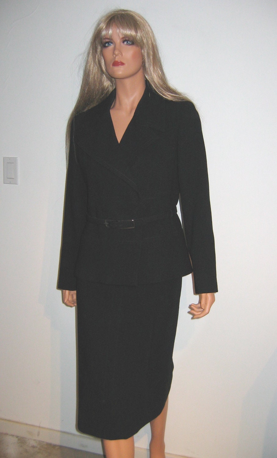 Christian Dior Black Belted Suit.   Vintage. Saks Fifth Avenue.  Large size