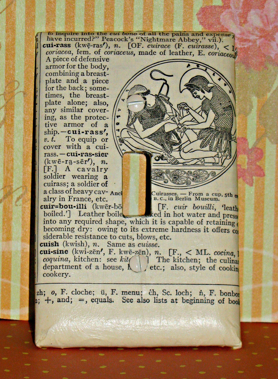 Recycled dictionary page made into a unique light switch cover