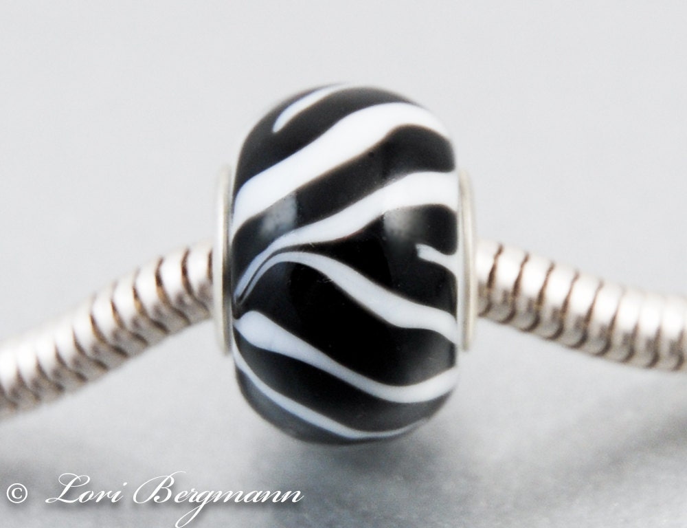 Zebra European Charm Bead, Animal Print, Black White, BHB, Handmade Lampwork