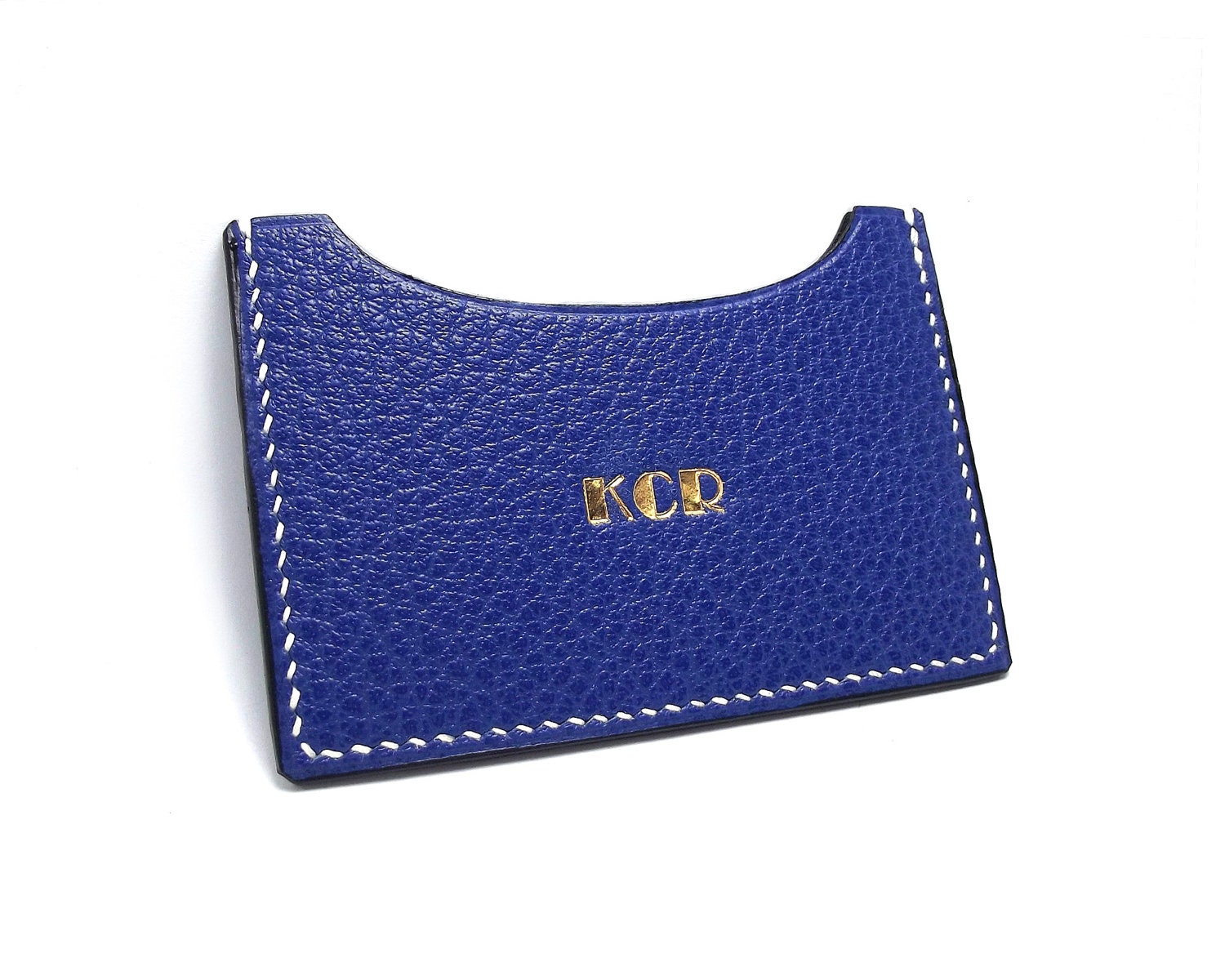 Personalized Leather Card Holder, Monogrammed, Horizontal, Cobalt Blue, bright blue