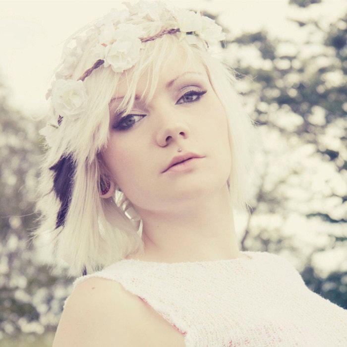 Floral Crown Vine Headpiece, White Rose Bridal Head wreath, Leaves, garden rose flower crown, ribbon tie headpiece ready to ship