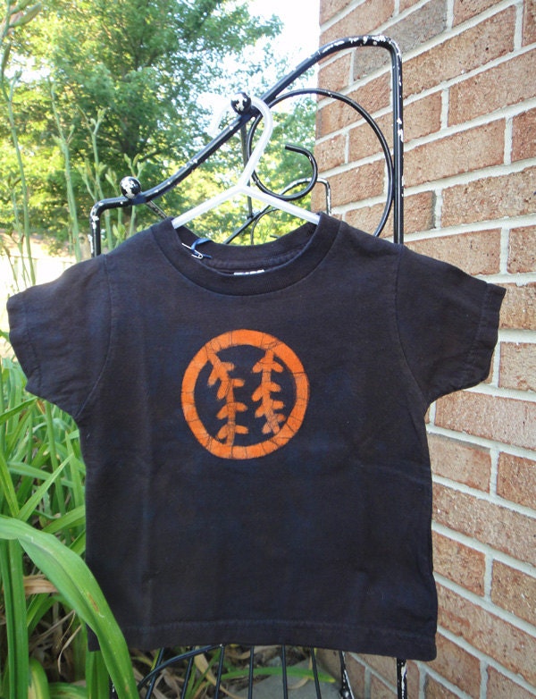 Toddler T-Shirt: Black with Orange Batik Baseball, Short Sleeves (2T) READY TO SHIP