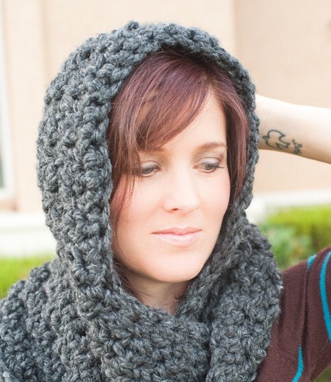 Gray hooded scarf, chunky, scarf, gray, chunky scarf, gray scarf, charcoal, winter, spring, scoodie