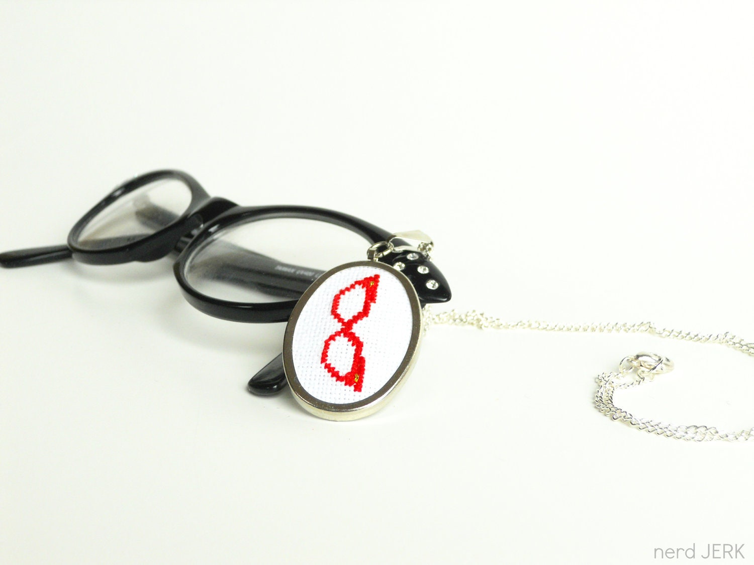 Cherry Red Cat-Eye Glasses - Cross-Stitch Pendant Necklace - MADE TO ORDER