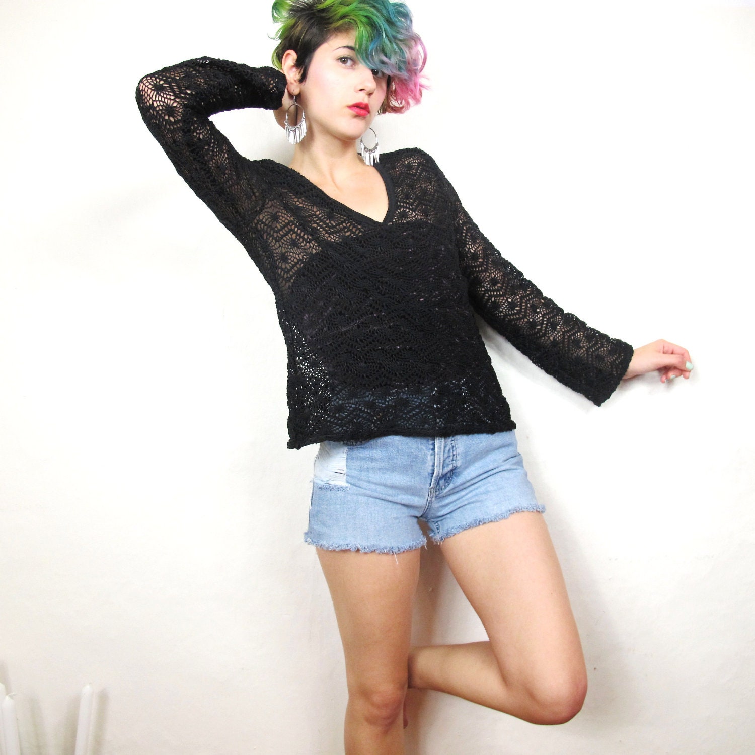 90s Black Witchy Sheer Crochet Mesh Blouse (M/L)