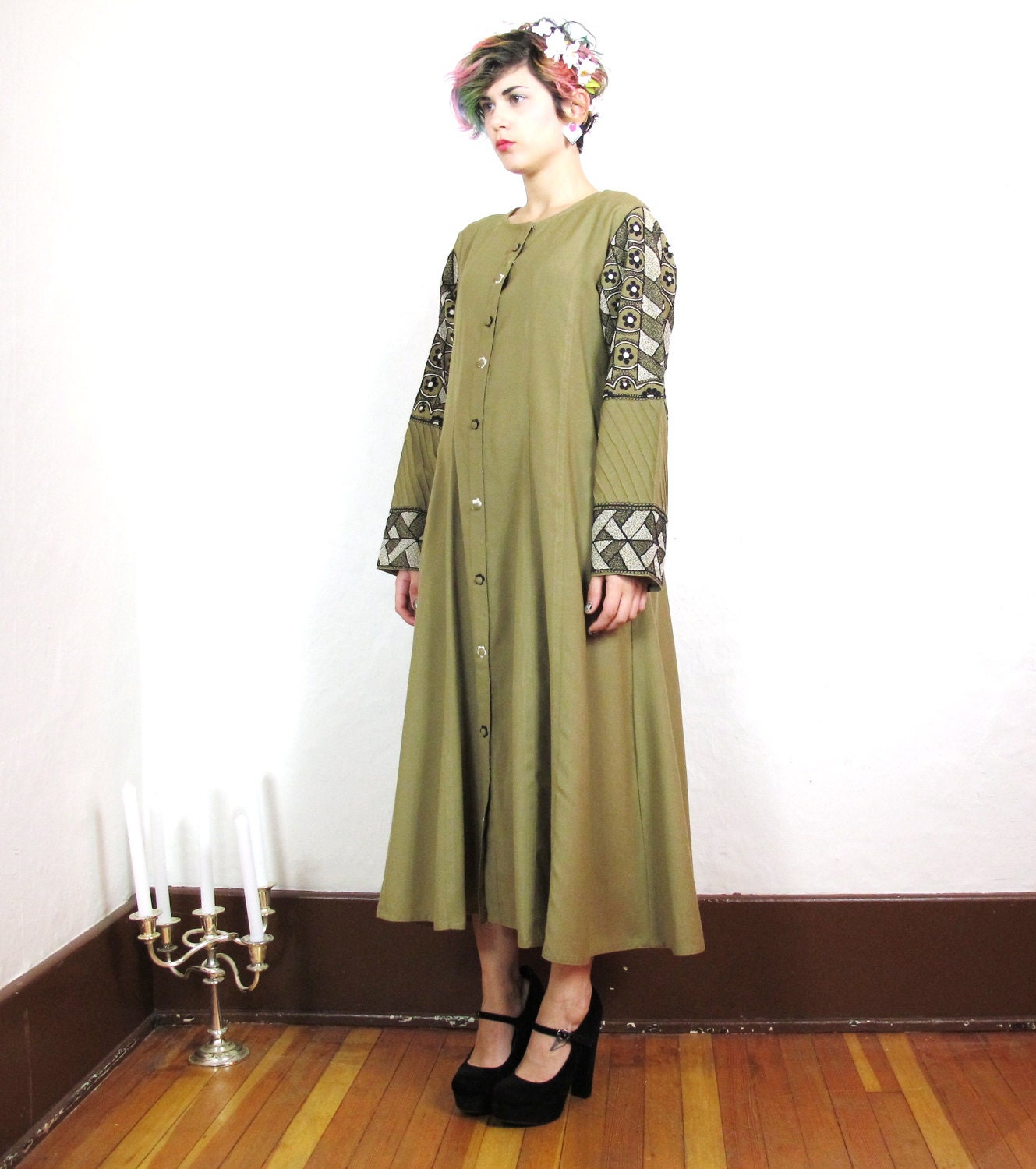 Khaki Embroidered Sleeves East Indian Maxi Dress (M/L)