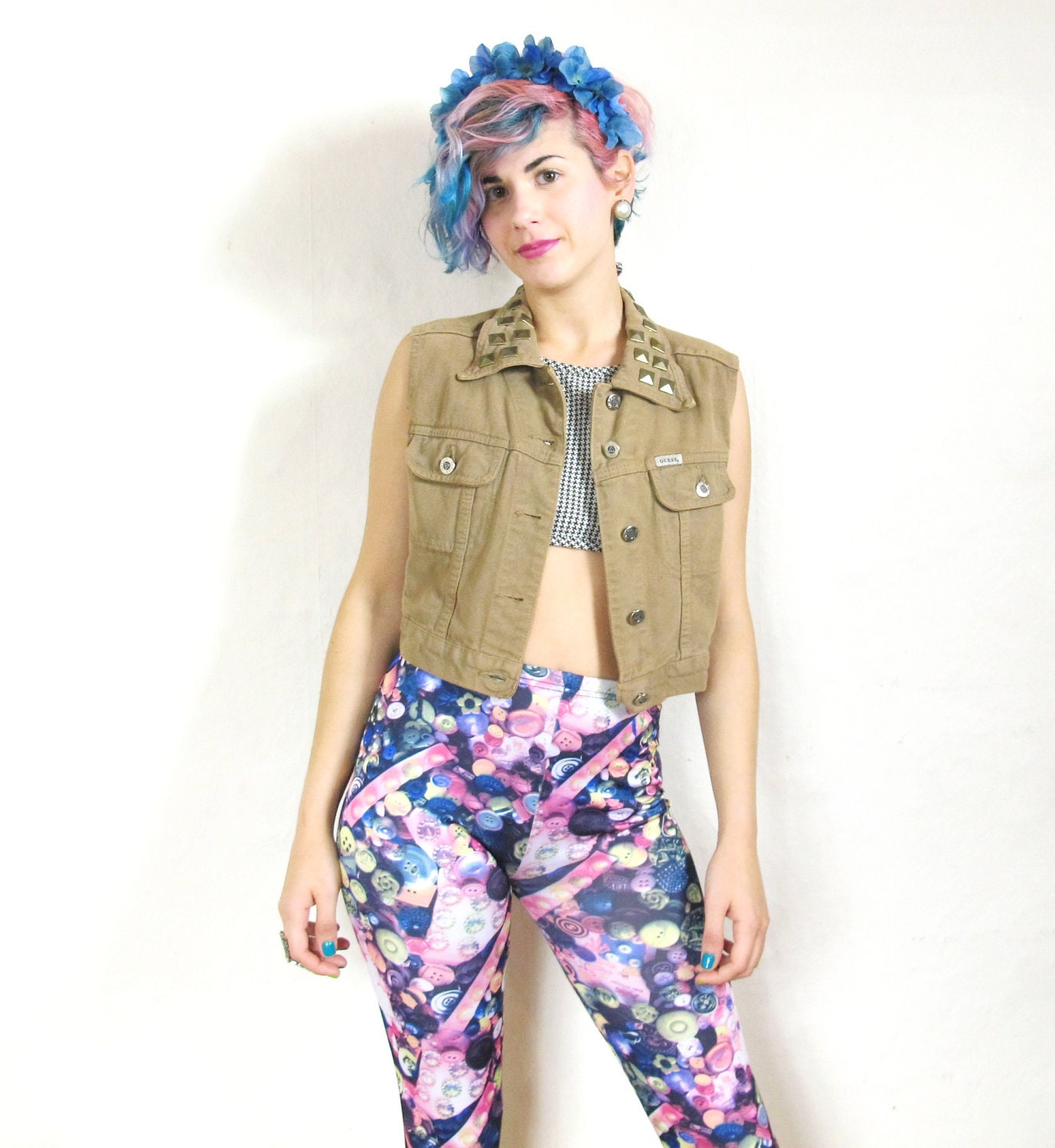 90s Guess Tan Denim Studded Collar Cropped Vest (S/M)