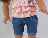 18 inch Doll Clothes American Girl Doll Clothing  Peach  Ruffled Sleeveless Shirt & Denim Shorts