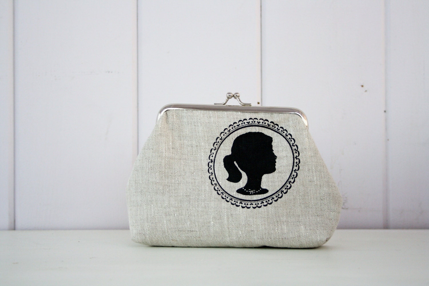 Silhouette Girl on Natural silk screen printed small clasp purse - READY TO SHIP
