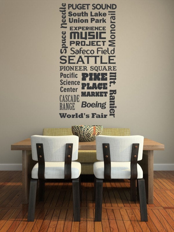 Wall Decal Seattle Words Space Needle Famous Places Landmark Travel Vacation Safeco Field Pike Place Market Dorm Decor